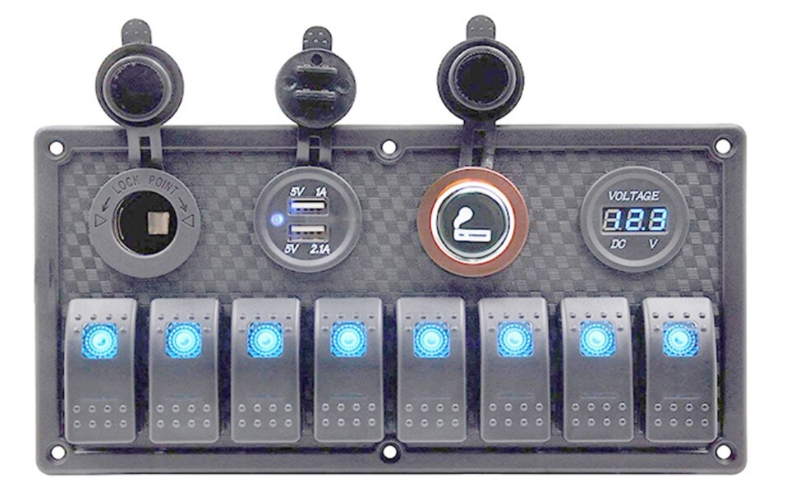 Панель управления с 8 выключателями, 2 прикуривателями и вольтметром,голубая подсветка